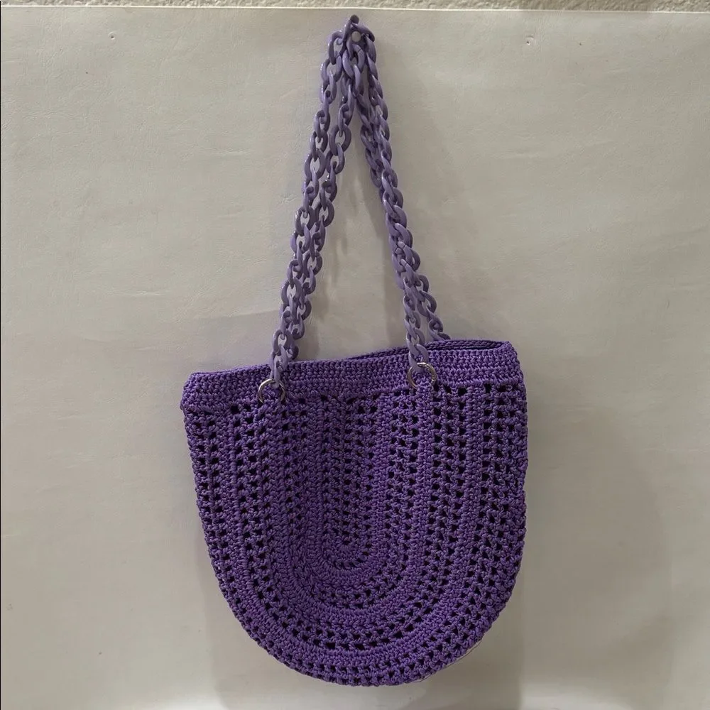 Elegant Purple Crochet Shoulder Bag 12 X 12 In Black Lining Silver Snap Closure